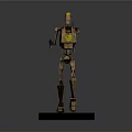 Brown Lego Style Robot Figure With Yellow Headlight Holding Blaster on Black Base Mechanical Design
